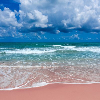 Aerial view of pink beach and blue ocean wave.